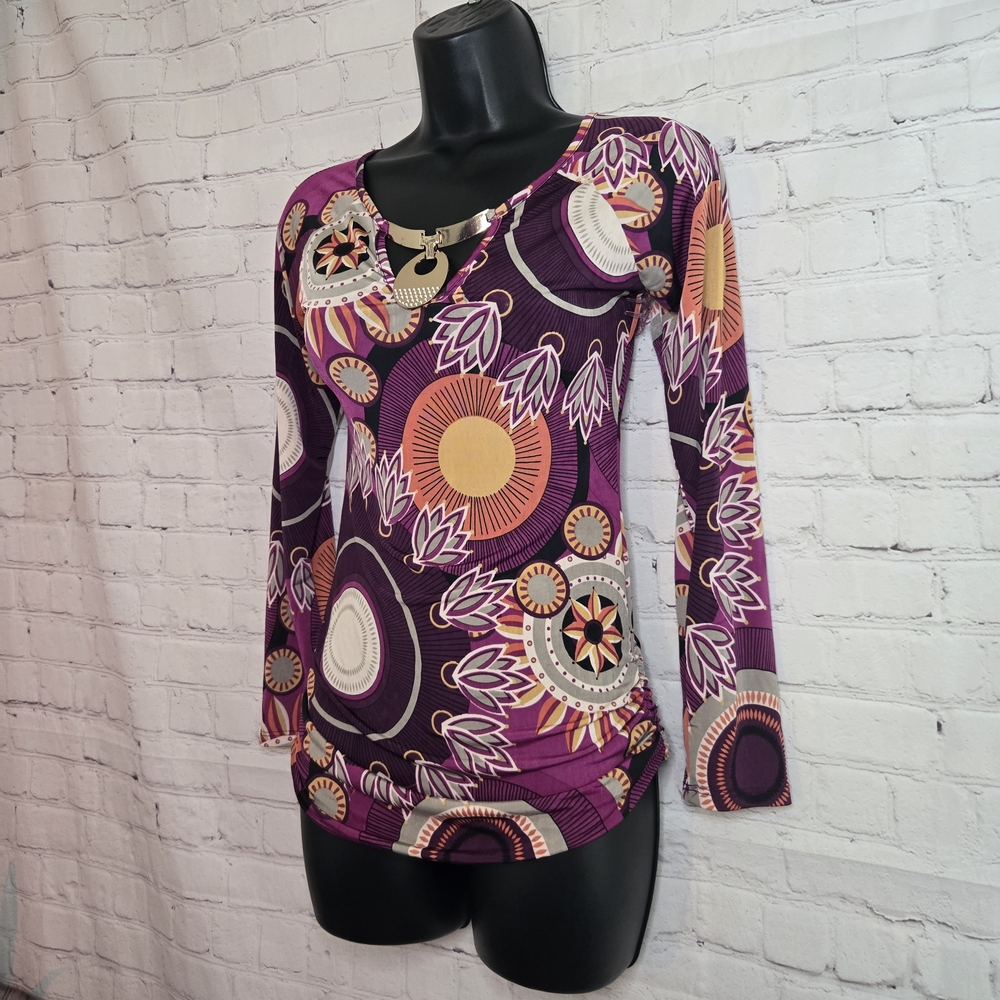 Blush Abstract retro print Y2k Rouched Side Metal Neck Tunic Bloyse Sz M Hippie